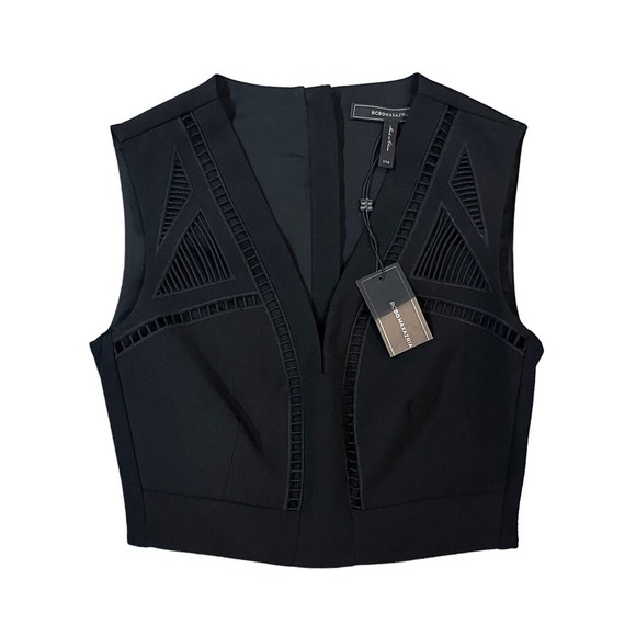 NWT BCBG MAXAZRIA Black Deep V-Neck Tank Crop Mesh Cutouts Womens Size XXS $198 - Picture 2 of 13
